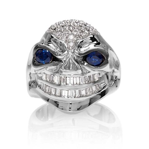 RG3026WG-A Vicious Vinnie Skull Ring (Front View) in White Gold with White Diamonds and Blue Sapphires, designed by Steve Soffa