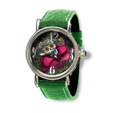 SSK850-GY Life In Bloom Watch (Floración En Vida) in Gray Face with Green Strap (Calaveras De Azucar Colleción), designed by Steve Soffa