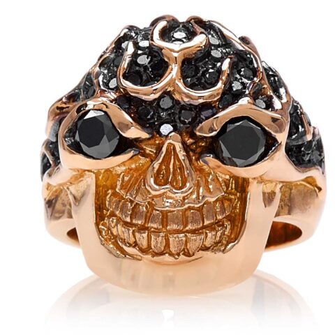 RG3022RG-A Blazing Bruno Skull Ring (Front View) in Rose Gold with Black Diamonds, designed by Steve Soffa