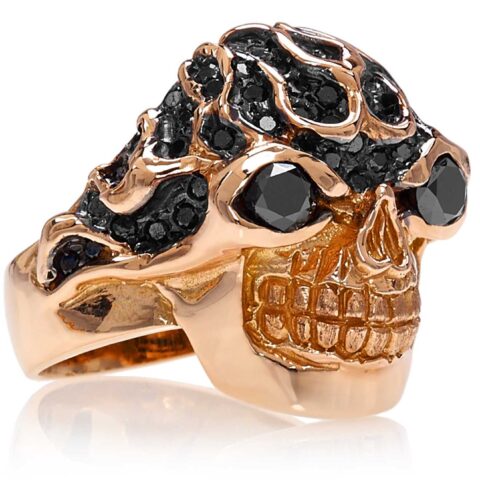 RG3022RG-A Blazing Bruno Skull Ring (Front Side View) in Rose Gold with Black Diamonds, designed by Steve Soffa