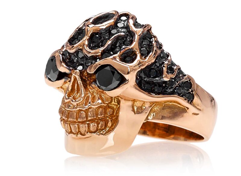 RG3022RG-A Blazing Bruno Skull Ring (Front Side View) in Rose Gold with Black Diamonds, designed by Steve Soffa