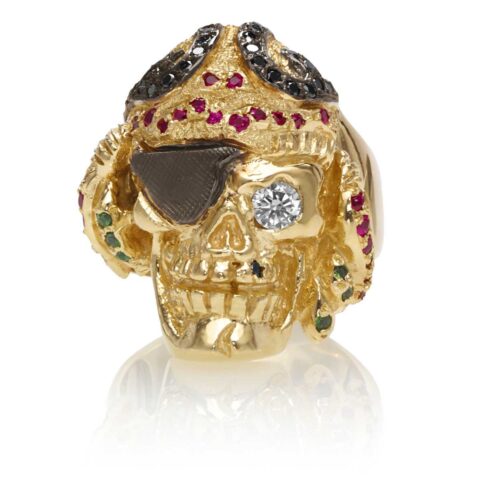 RG1041 Caribbean Queen Ladies Pirate Skull Ring (Front View) in Yellow Gold with White and Black Diamonds and Rubies, designed by Steve Soffa