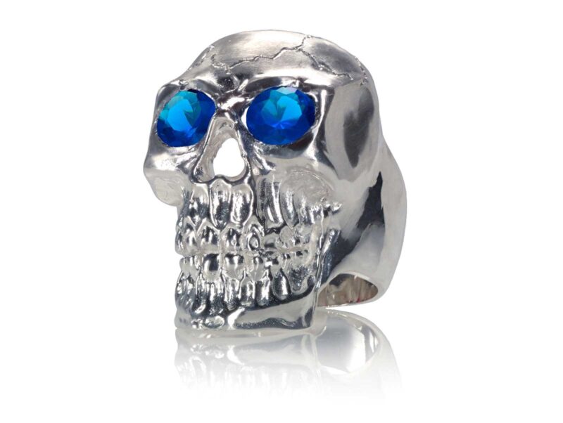 RG350B Barbarian Skull Ring Large Sterling Silver with Blue Stones, designed by Steve Soffa