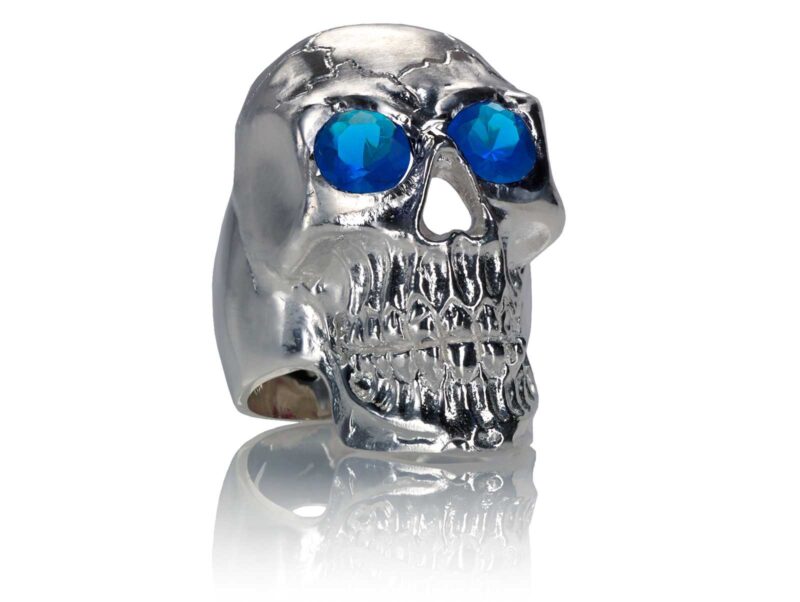 RG350B Barbarian Skull Ring Large Sterling Silver with Blue Stones, designed by Steve Soffa