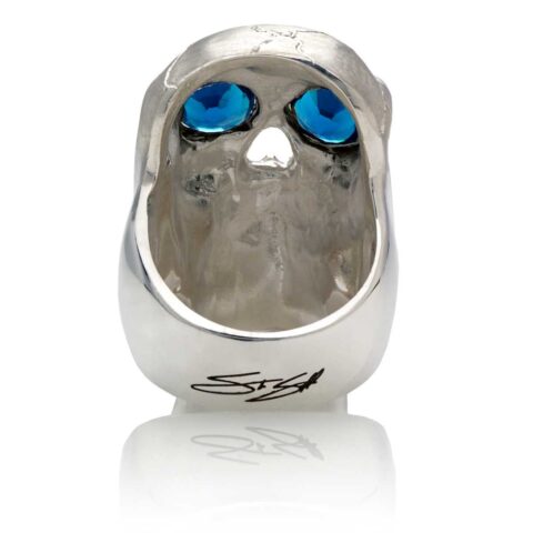 RG350B Barbarian Skull Ring Large Sterling Silver with Blue Stones, designed by Steve Soffa