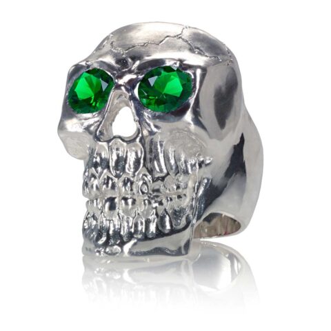 RG350C Barbarian Skull Ring Large Sterling Silver with Green Stones, designed by Steve Soffa