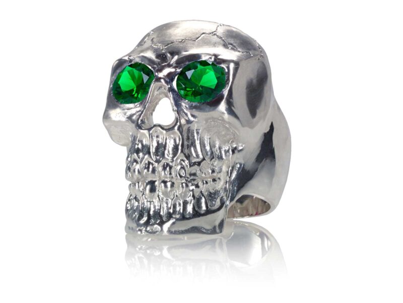 RG350C Barbarian Skull Ring Large Sterling Silver with Green Stones, designed by Steve Soffa