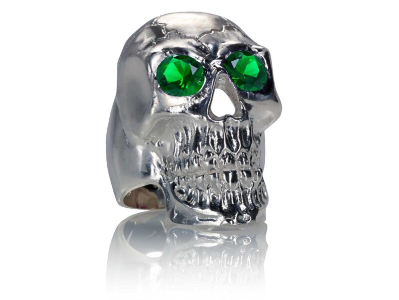 RG350C Barbarian Skull Ring Large Sterling Silver with Green Stones, designed by Steve Soffa