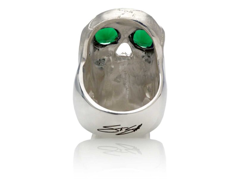 RG350C Barbarian Skull Ring Large Sterling Silver with Green Stones, designed by Steve Soffa