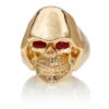 RG5010-A The Reaper Is In Skull Ring (Front View) Yellow with Rose Gold, with Red Rubies, designed by Steve Soffa