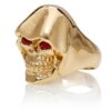 RG5010-A The Reaper Is In Skull Ring (Left Front Side View) Yellow with Rose Gold, with Red Rubies, designed by Steve Soffa