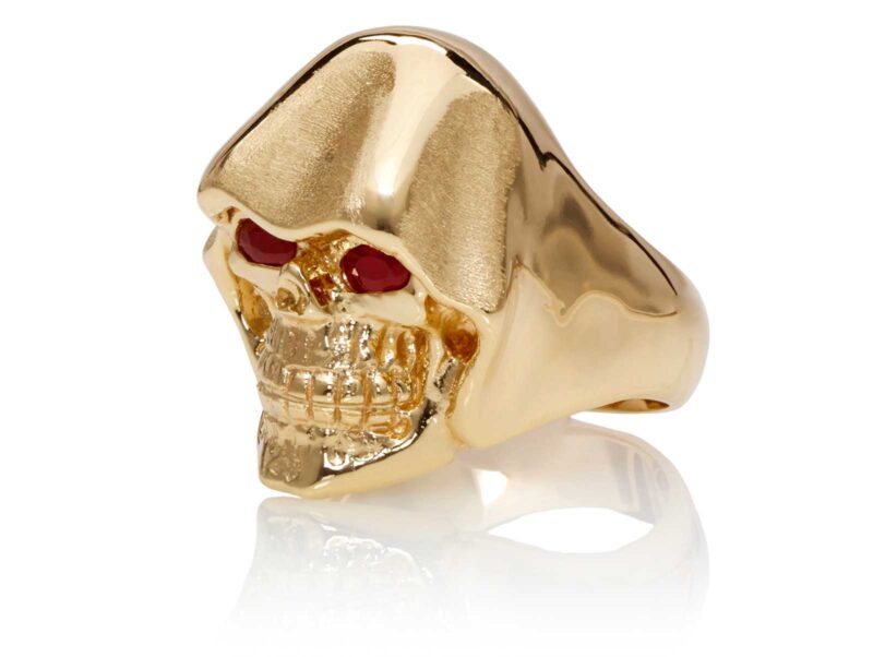 RG5010-A The Reaper Is In Skull Ring (Left Front Side View) Yellow with Rose Gold, with Red Rubies, designed by Steve Soffa