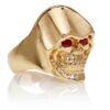 RG5010-A The Reaper Is In Skull Ring (Front Right Side View) Yellow with Rose Gold, with Red Rubies, designed by Steve Soffa