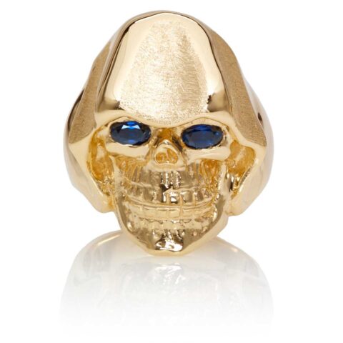 RG5010-B The Reaper Is In Skull Ring (Front View), Yellow with Rose Gold, with Blue Sapphires, designed by Steve Soffa