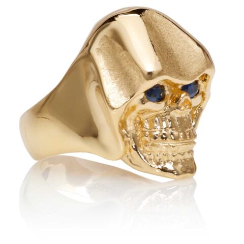 RG5010-B The Reaper Is In Skull Ring (Right Side Front View), Yellow with Rose Gold, with Blue Sapphires, designed by Steve Soffa