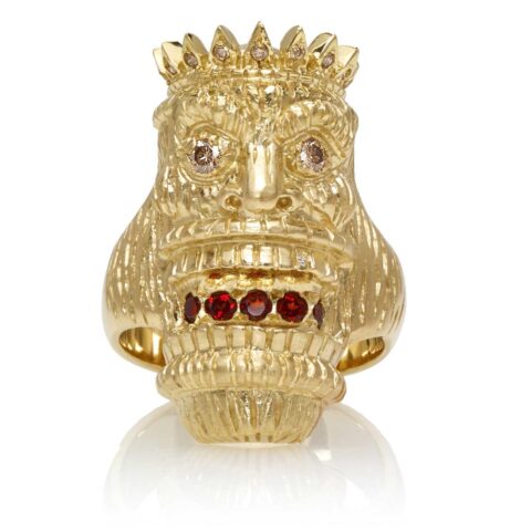 RG7014-YG-B Kupu (Tiki Ring with Long Face) Yellow Gold with White & Chocolate Diamonds and Garnets (Tiki Collection)