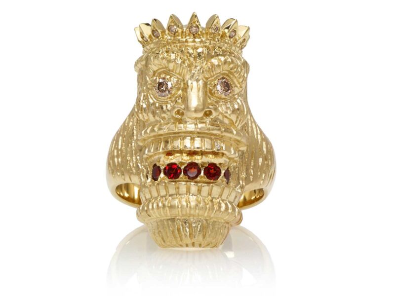 RG7014-YG-B Kupu (Tiki Ring with Long Face) Yellow Gold with White & Chocolate Diamonds and Garnets (Tiki Collection)