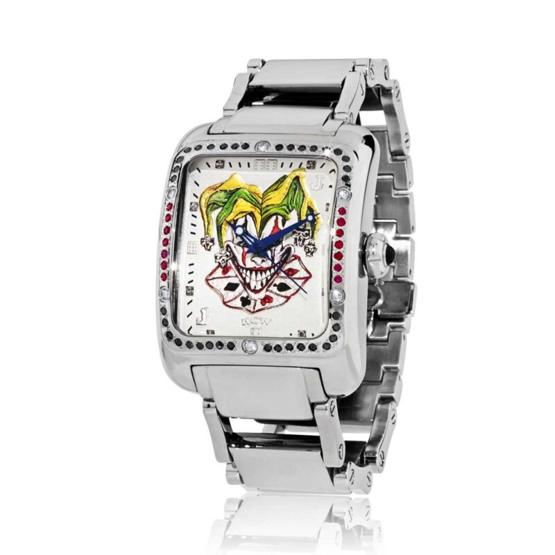 Joker Poker Watch in Stainless Steel Bracelet in White Diamonds and Rubies, designed by Steve Soffa