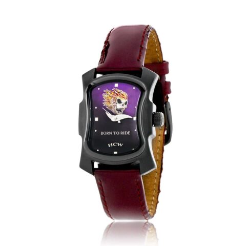 The Freedom Rider Watch in Black IP Finish SS, Wine Patent Leather Strap, designed by Steve Soffa.