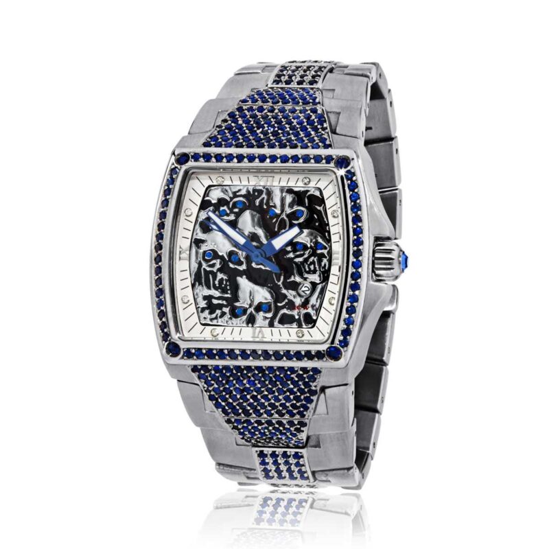 HCW806-SS-SAP Lost Skulls Watch in Stainless Steel with 4.5 ct Blue Sapphires, designed by Steve Soffa