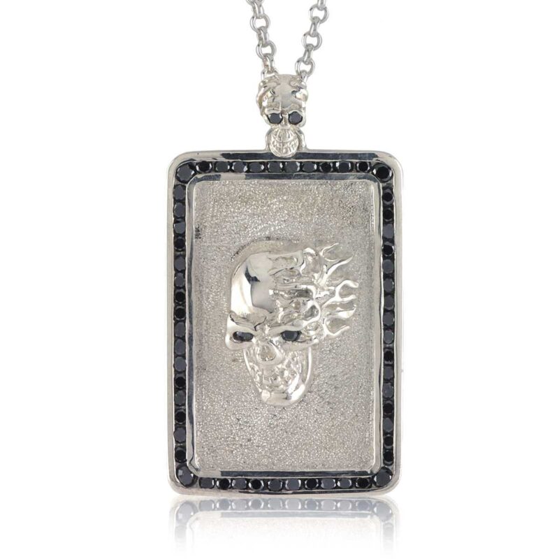 Flaming Side Skull Dog Tag (large) :: In Polished Silver with Black Diamonds