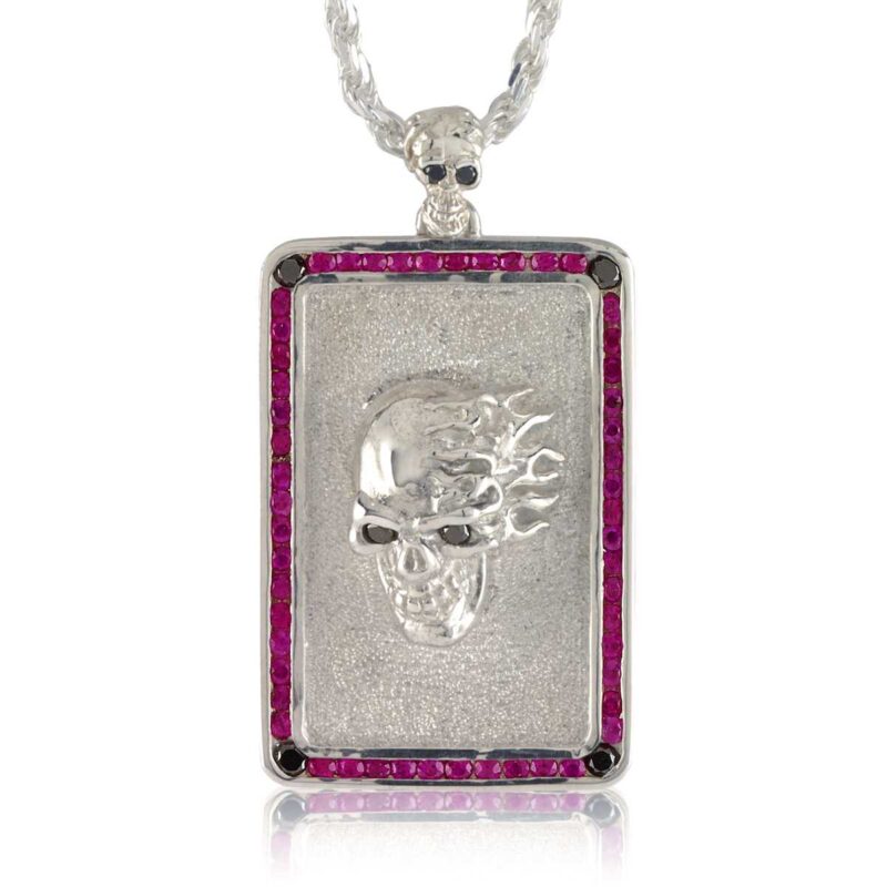 Flaming Side Skull Dog Tag (Small) :: In Polished Silver with Rubies and Black Diamonds