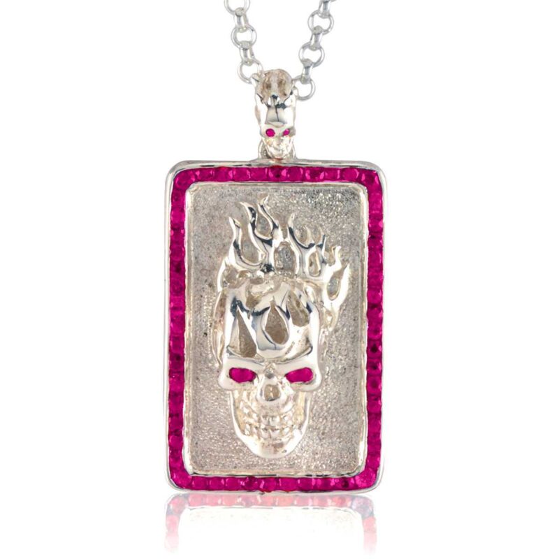 Flaming Skull Dog Tag (Small) :: In Polished Silver with Red Rubies Model DT192-G