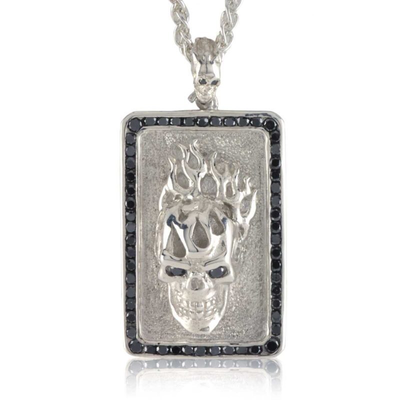 Flaming Skull Dog Tag (Small) :: In Polished Silver with Black Diamonds