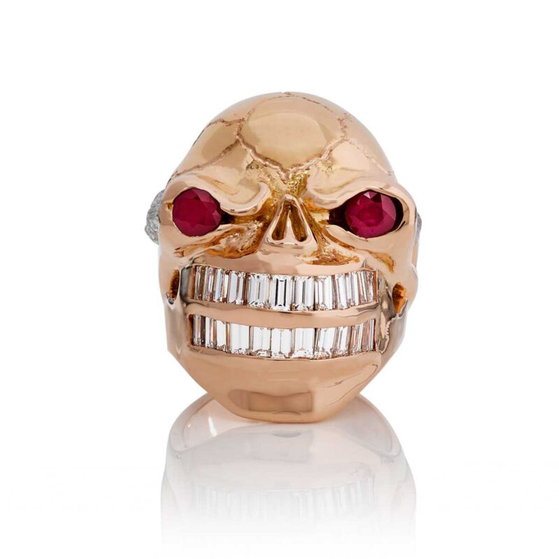 Zeus Skull Ring :: in Rose/White Gold with White Diamonds/Rubies - Image 2