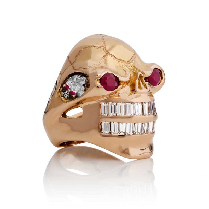 Zeus Skull Ring :: in Rose/White Gold with White Diamonds/Rubies - Image 3