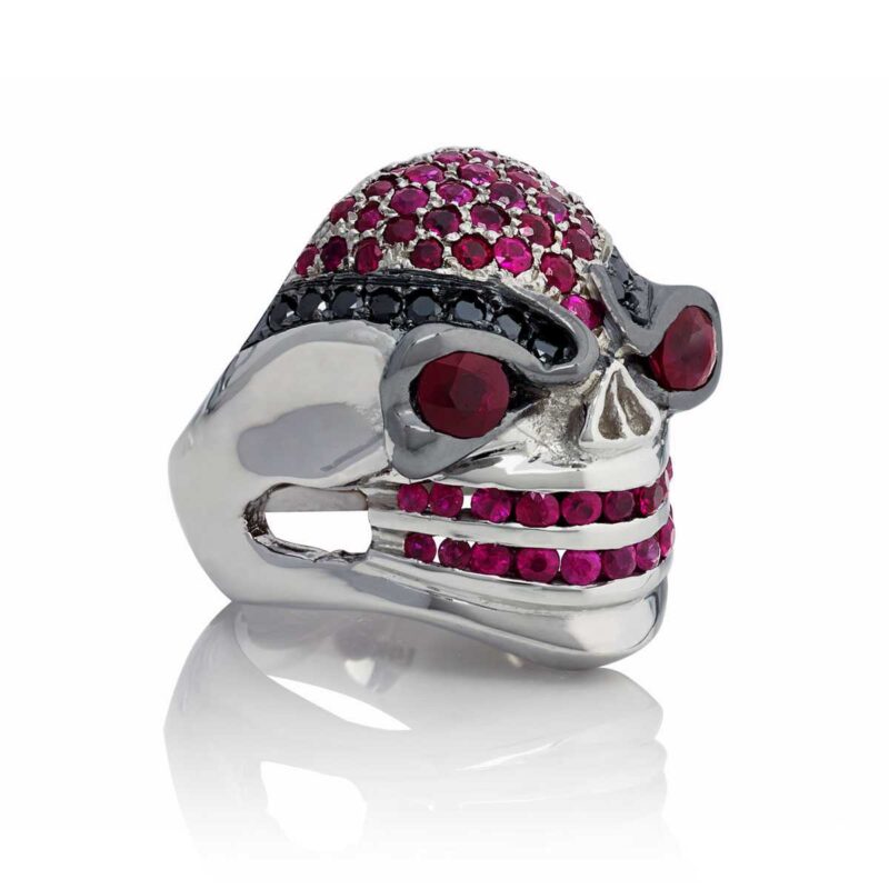 RECKLESS RITA SKULL RING :: IN WHITE GOLD WITH RUBIES AND BLACK DIAMONDS MODEL RG3041-WG