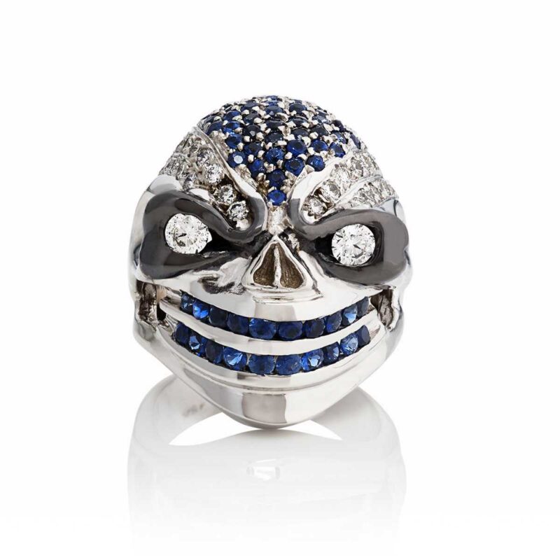 Poisonous Pegasus Skull Ring :: in White Gold with Sapphires & Diamonds - Image 2