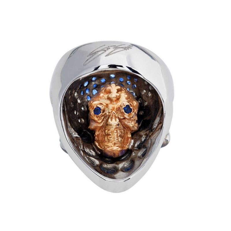 Poisonous Pegasus Skull Ring :: in White Gold with Sapphires & Diamonds - Image 4