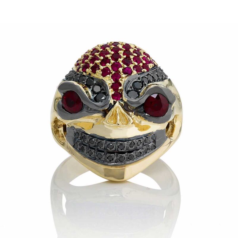 Evil Eddie Skull Ring :: in Yellow Gold with Rubies & Black Diamonds - Image 2