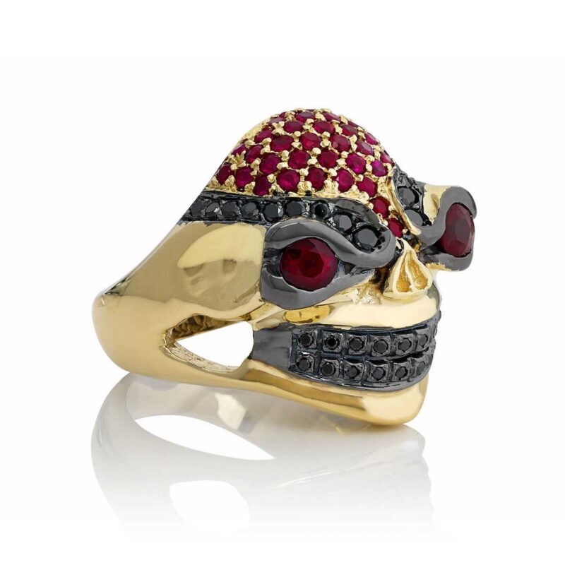 Evil Eddie Skull Ring :: in Yellow Gold with Rubies & Black Diamonds - Image 3