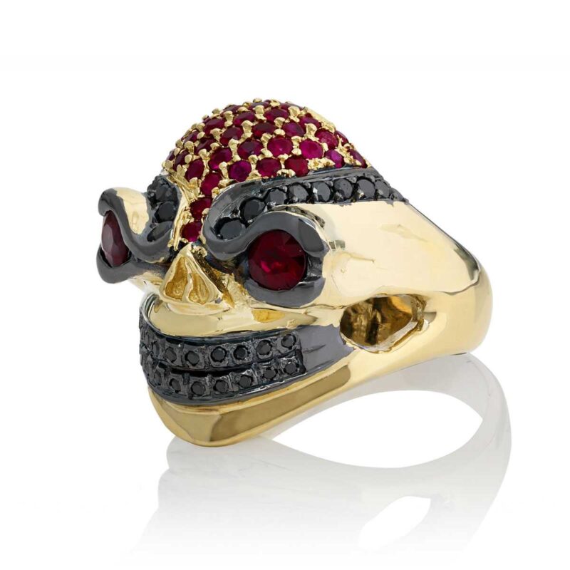 Evil Eddie Skull Ring :: in Yellow Gold with Rubies & Black Diamonds