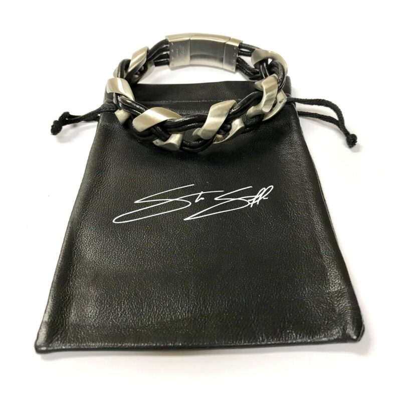 BRACELET :: STAINLESS STEEL WITH BLACK LEATHER MODEL BR301SS-BK