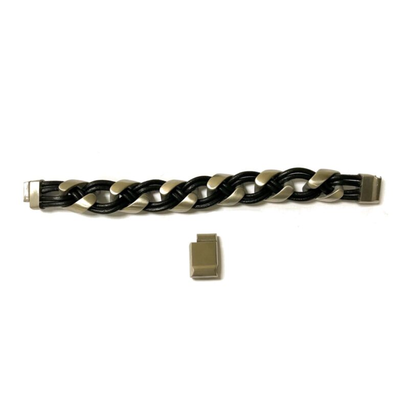 BRACELET :: STAINLESS STEEL WITH BLACK LEATHER MODEL BR301SS-BK - Image 2