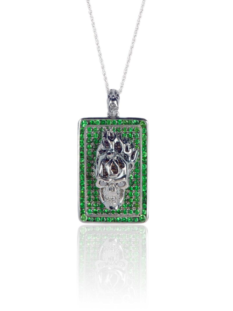 Flaming Skull Dogtag :: Sterling Silver with Tsavorite