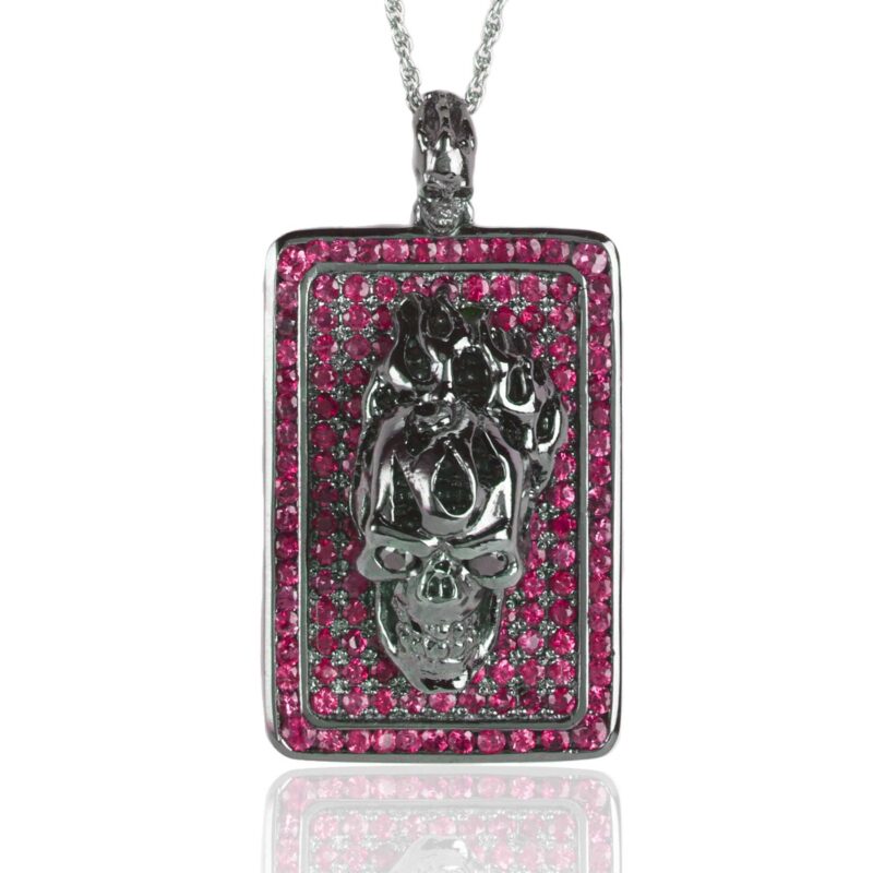 Flaming Skull Dogtag :: Sterling Silver with Red Rubies