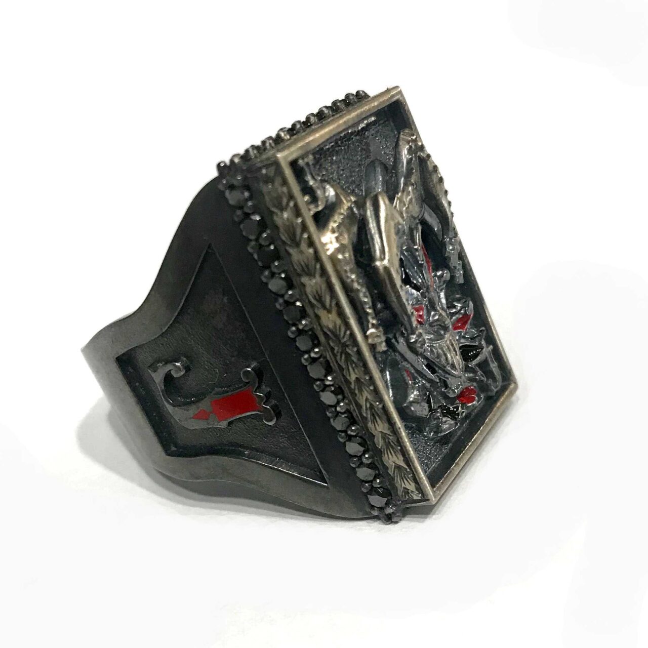 Joker Poker Ring Antiqued Sterling Silver with Black Diamonds