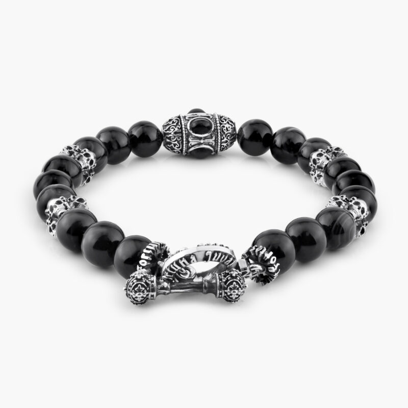 BLACK LUCK AND FORTUNE BRACELET :: STERLING SILVER WITH BLACK AGATE AND BLACK AGATE SEMI PRECIOUS BEADS MODEL BR702SS-BKSKFFJ - Image 2