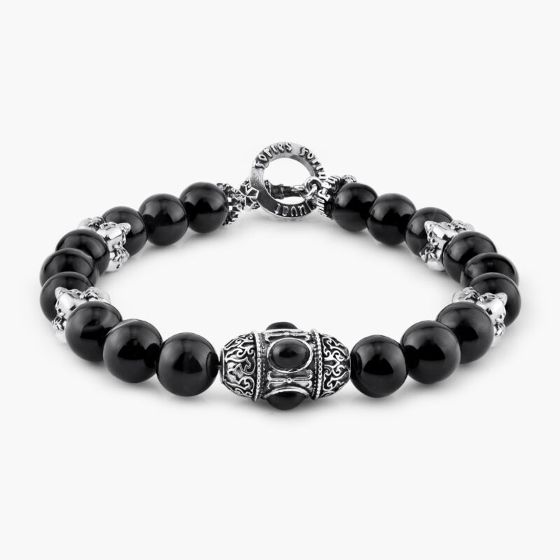 BLACK LUCK AND FORTUNE BRACELET :: STERLING SILVER WITH BLACK AGATE AND BLACK AGATE SEMI PRECIOUS BEADS MODEL BR702SS-BKSKFFJ