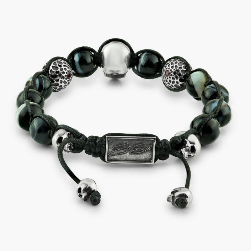 SKULL BRACELET :: STERLING SILVER WITH BLACK MOISSANITE AND BLACK AGATE SWIRL SEMI PRECIOUS BEADS MODEL BR806SS-BKSK - Image 2