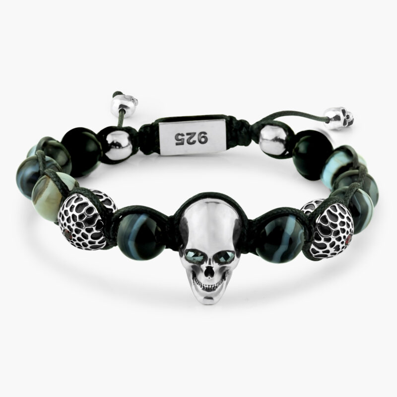 SKULL BRACELET :: STERLING SILVER WITH BLACK MOISSANITE AND BLACK AGATE SWIRL SEMI PRECIOUS BEADS MODEL BR806SS-BKSK