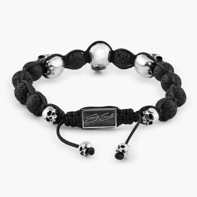 SKULL BRACELET :: STERLING SILVER WITH BLACK MOISSANITE AND LAVA STONES MODEL BR808SS-BKLVMO - Image 2