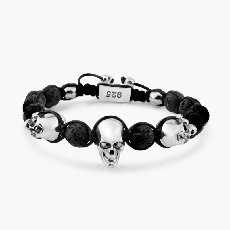 SKULL BRACELET :: STERLING SILVER WITH BLACK MOISSANITE AND LAVA STONES MODEL BR808SS-BKLVMO