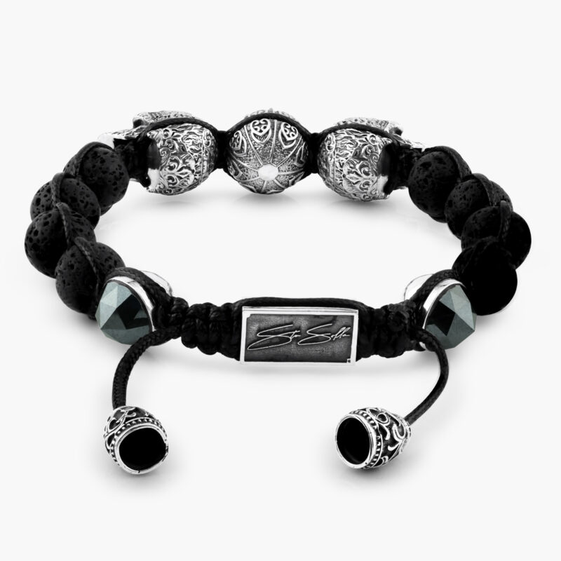 SKULL BRACELET :: STERLING SILVER WITH BLACK MOISSANITE AND LAVA STONES MODEL BR810SS-BKLVMO - Image 2