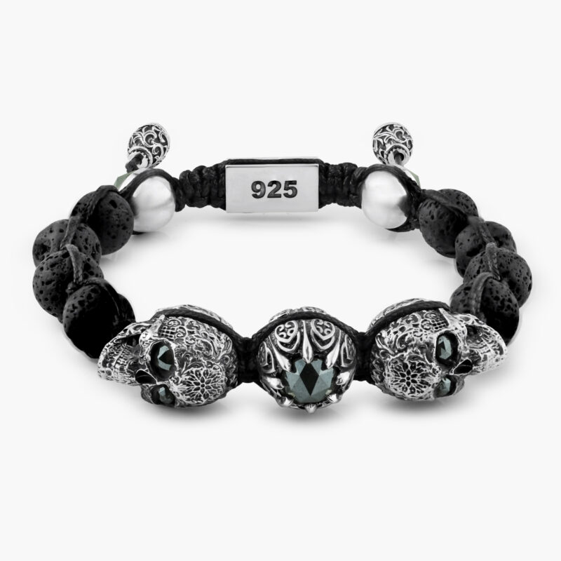 SKULL BRACELET :: STERLING SILVER WITH BLACK MOISSANITE AND LAVA STONES MODEL BR810SS-BKLVMO