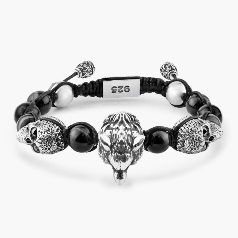 WOLF AND SKULL BRACELET :: STERLING SILVER WITH BLACK MOISSANITE WITH BLACK AGATE SEMI PRECIOUS BEADS MODEL BR906SS-BKSKMO